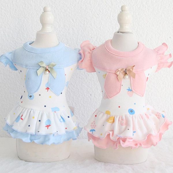dog apparel 2021 spring and summer est pet clothes with printed strawberry decor flying sleeve blue pink skirt pug dresses