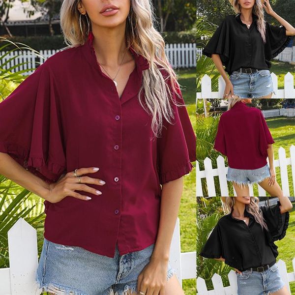 women's t-shirt v-neck fashion solid color pleated ruffled short-sleeved button-down shirt, White
women's t-shirt v-neck fashion solid color pleated ruffled short-sleeved button-down shirt, White