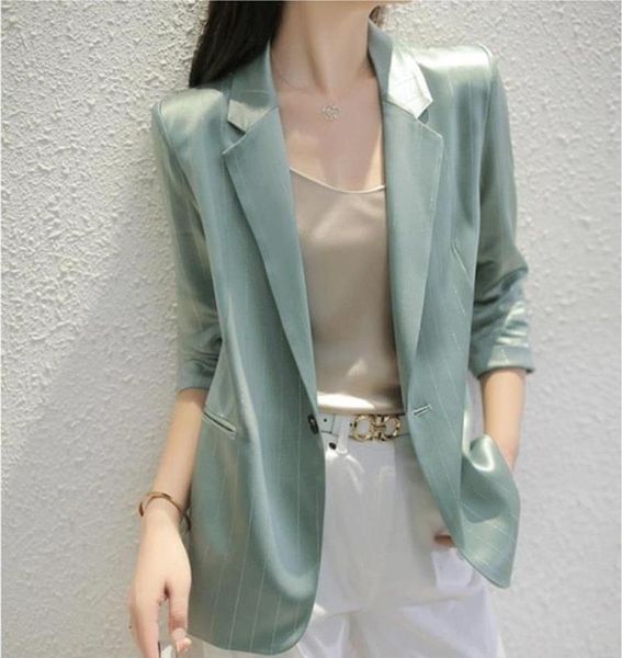 women's suits & blazers bright silk stripe triacetic acid suit summer mint green coat thin drape feeling women blazer, White;black
women's suits & blazers bright silk stripe triacetic acid suit summer mint green coat thin drape feeling women blazer, White;black