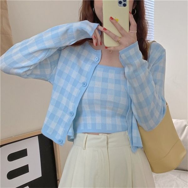 summer women's plaid knitted sweet single-breasted cardigan and vest ladies two piece set 210519, White
summer women's plaid knitted sweet single-breasted cardigan and vest ladies two piece set 210519, White