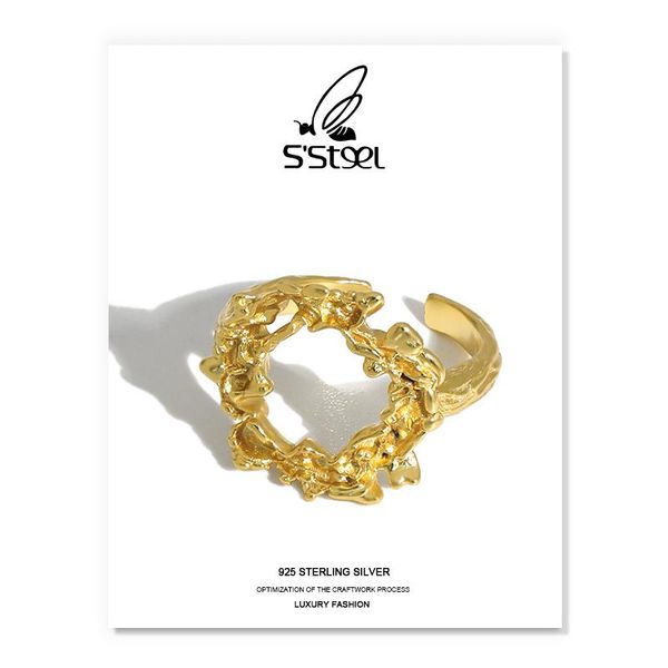 s'steel designer rings 925 sterling silver for women korean personalited geometric irregular open ring bague argent jewellery cluster, Golden;silver