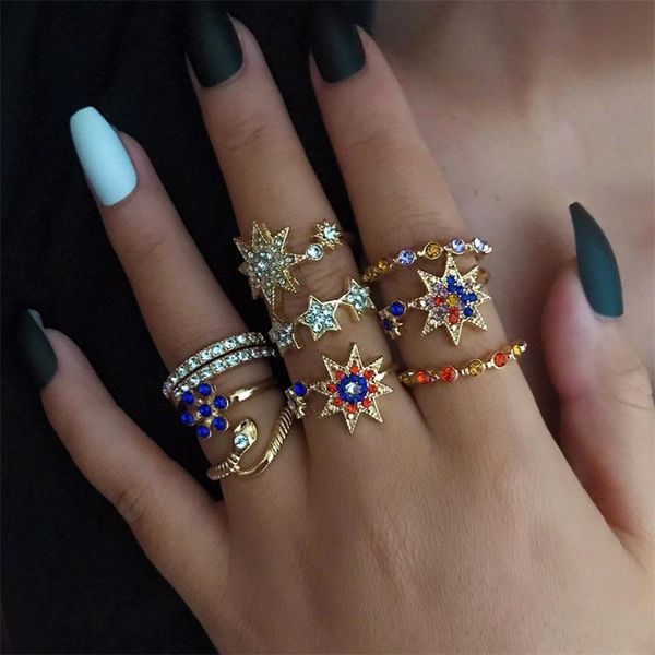 cluster rings 10 pcs/set exquisite women set stars flowers snake colorful crystal finger knuckle gold ring fashion wedding party jewelry, Golden;silver
cluster rings 10 pcs/set exquisite women set stars flowers snake colorful crystal finger knuckle gold ring fashion wedding party jewelry, Golden;silver