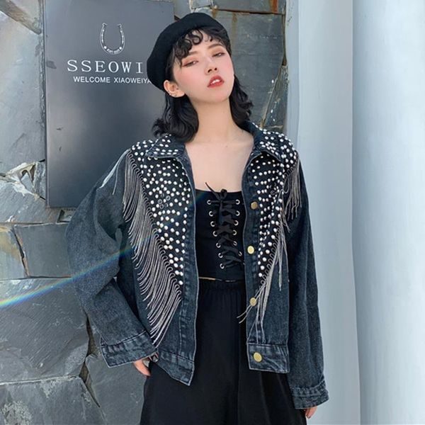 women's jackets women autumn streetwear denim jacket hand-studded rivet tassel chain short jeans loose black coats, Black;brown
women's jackets women autumn streetwear denim jacket hand-studded rivet tassel chain short jeans loose black coats, Black;brown