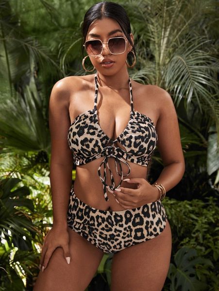 plus leopard halter high waisted bikini swimsuit 43iu#, Black