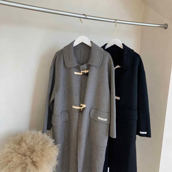 women's wool & blends double sided cashmere horn button coat korean loose lapel medium long double-sided tweed, Black
women's wool & blends double sided cashmere horn button coat korean loose lapel medium long double-sided tweed, Black