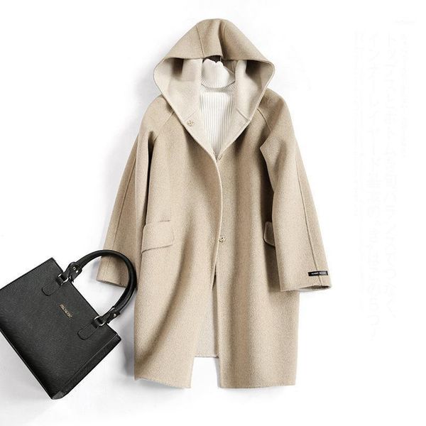 women's wool & blends quality hooded woolen coat double-sided mid-length 2021 winter clothing, Black
women's wool & blends quality hooded woolen coat double-sided mid-length 2021 winter clothing, Black