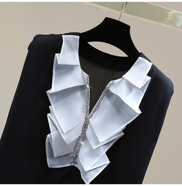 women's blouses & shirts sleeveless blouse exquisite rhinestone v neck 2021 summer korean style loose elegant ruffle contrast color chi, White 
women's blouses & shirts sleeveless blouse exquisite rhinestone v neck 2021 summer korean style loose elegant ruffle contrast color chi, White