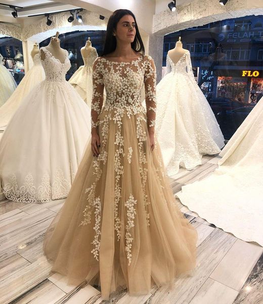 scoop neck long sleeve a line wedding dress appliqued bridal gowns sweep train corset back tulle bride dresses, White
scoop neck long sleeve a line wedding dress appliqued bridal gowns sweep train corset back tulle bride dresses, White