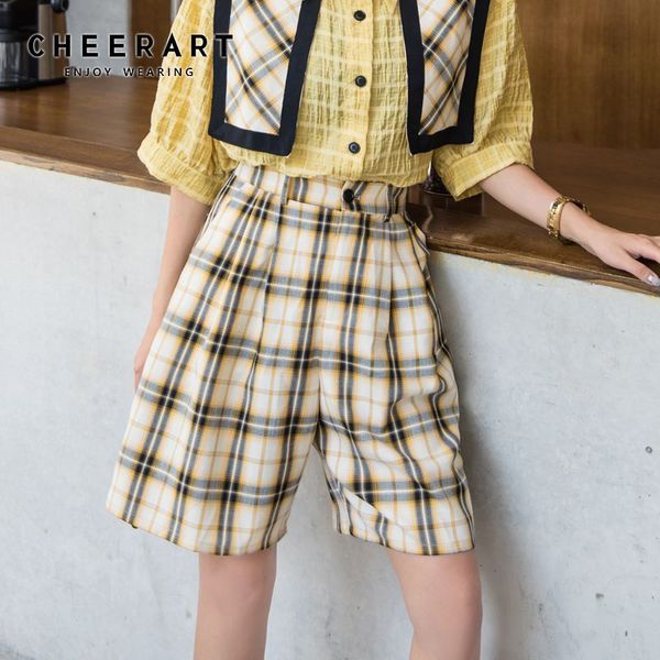 yellow plaid summer high waist short wide leg casual shorts women comfy korean 210427, White;black
