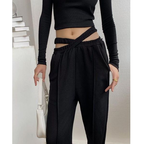 women's pants & capris 2021 autumn cross hollow out elastic waist women wide leg high straight loose casual solid trousers, Black;white
women's pants & capris 2021 autumn cross hollow out elastic waist women wide leg high straight loose casual solid trousers, Black;white