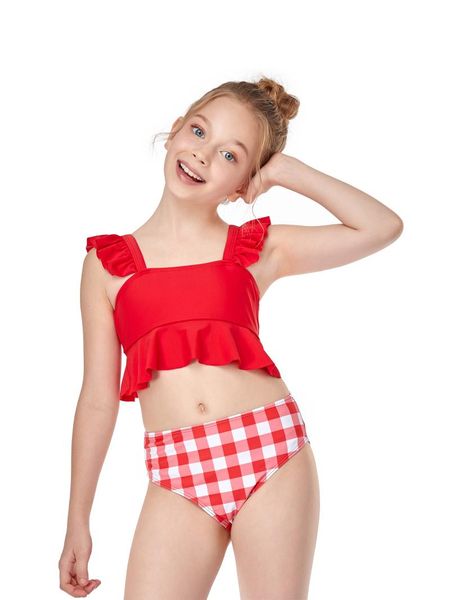 2pcs girls swimwear solid color square neck ruffle tank with checked high waist triangle bottoms bikinis set one-pieces, Black
2pcs girls swimwear solid color square neck ruffle tank with checked high waist triangle bottoms bikinis set one-pieces, Black
