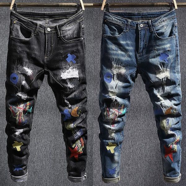 men's jeans american streetwear fashion men slim fit elastic ripped patches designer hip hop pencil pants yli7, Blue
men's jeans american streetwear fashion men slim fit elastic ripped patches designer hip hop pencil pants yli7, Blue