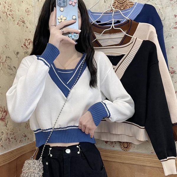 women's sweaters autumn cropped pullover women sweater fashion preppy style loose knitted long sleeve v neck jumpers 17797, White;black
women's sweaters autumn cropped pullover women sweater fashion preppy style loose knitted long sleeve v neck jumpers 17797, White;black