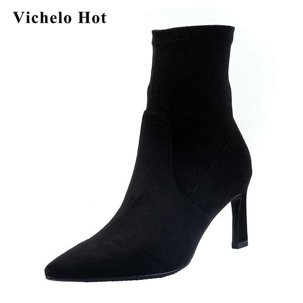 boots vichelo stretch flock high street fashion three colors pointed toe thin heel slip on elegant lady ankle l19, Black
boots vichelo stretch flock high street fashion three colors pointed toe thin heel slip on elegant lady ankle l19, Black