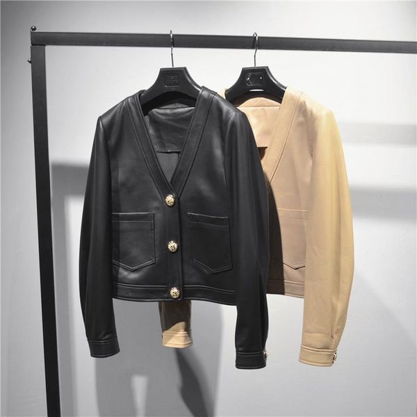 women's leather & faux spring autumn women couro genuÃno jaqueta female sheepskin jackets v neck short fashion trend chaquetas casacas, Black
women's leather & faux spring autumn women couro genuÃno jaqueta female sheepskin jackets v neck short fashion trend chaquetas casacas, Black