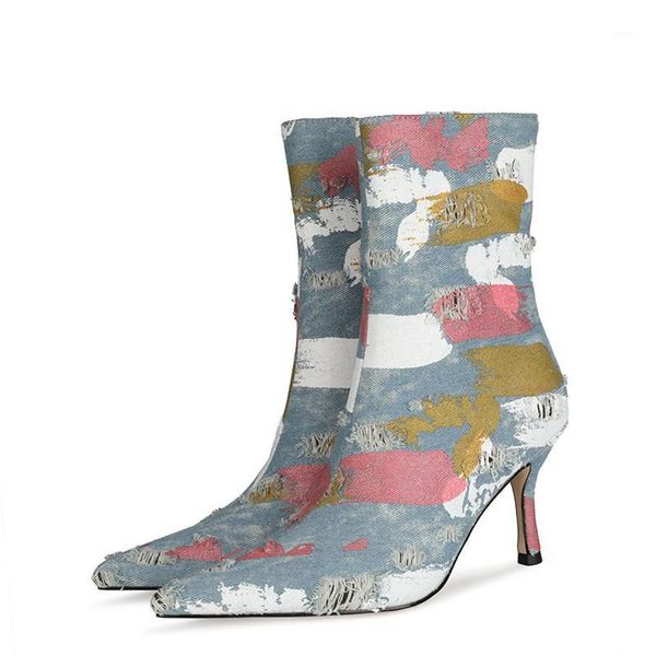 boots denim surface women winter ankle pointed toe high thin heels print zipper western street style shoes1, Black
boots denim surface women winter ankle pointed toe high thin heels print zipper western street style shoes1, Black