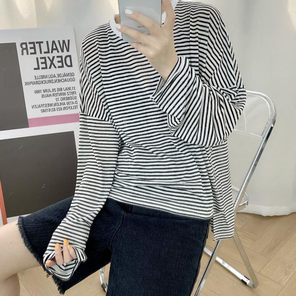 striped sunscreen round collar womens t shirts long sleeve knitted loose base, White
striped sunscreen round collar womens t shirts long sleeve knitted loose base, White