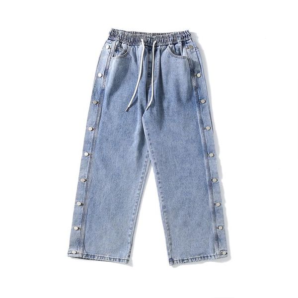 men's straight jeans with double breasted loose rope elastic waist, Blue
men's straight jeans with double breasted loose rope elastic waist, Blue