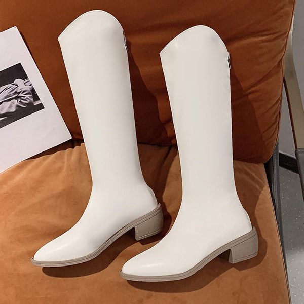 boots 2021 women beige high heels wedges long lady riding cowboy winter designer pointed toe knee thigh, Black