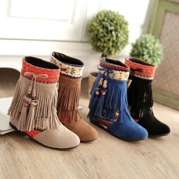 boots ethnic style tassel plus size womens hidden low heel pull on fringed, Black 
boots ethnic style tassel plus size womens hidden low heel pull on fringed, Black