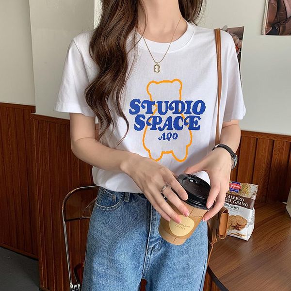 women's clothing 100% pure cotton short sleeve t-shirt summer fashion loose printed college wind top, White
women's clothing 100% pure cotton short sleeve t-shirt summer fashion loose printed college wind top, White