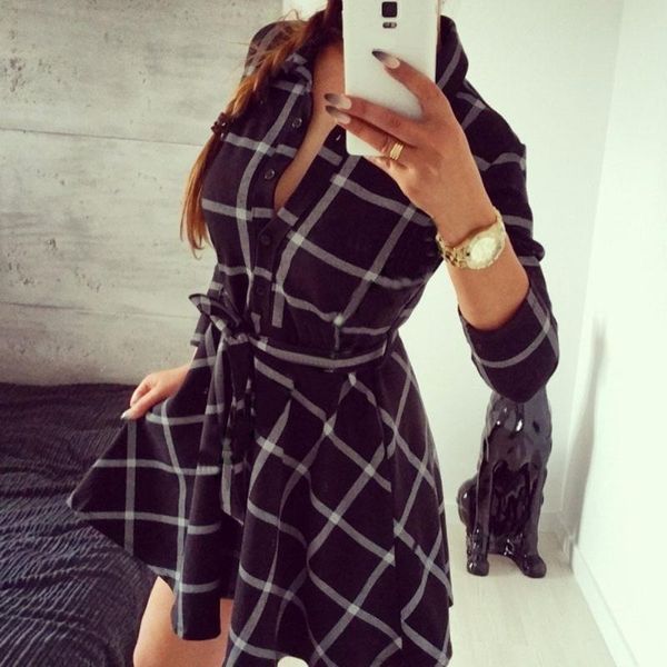 casual dresses women long sleeve turn-down collar classic plaid shirt dress high waist charming slim mini with belt vestidos, Black;gray
casual dresses women long sleeve turn-down collar classic plaid shirt dress high waist charming slim mini with belt vestidos, Black;gray