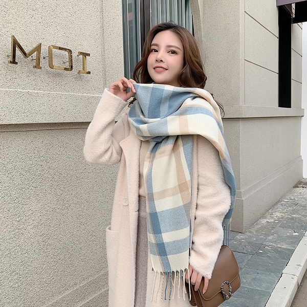 scarf female autumn and winter plaid imitation cashmere korean style wild fashion students warmth thickening scarves, Blue;gray 
scarf female autumn and winter plaid imitation cashmere korean style wild fashion students warmth thickening scarves, Blue;gray