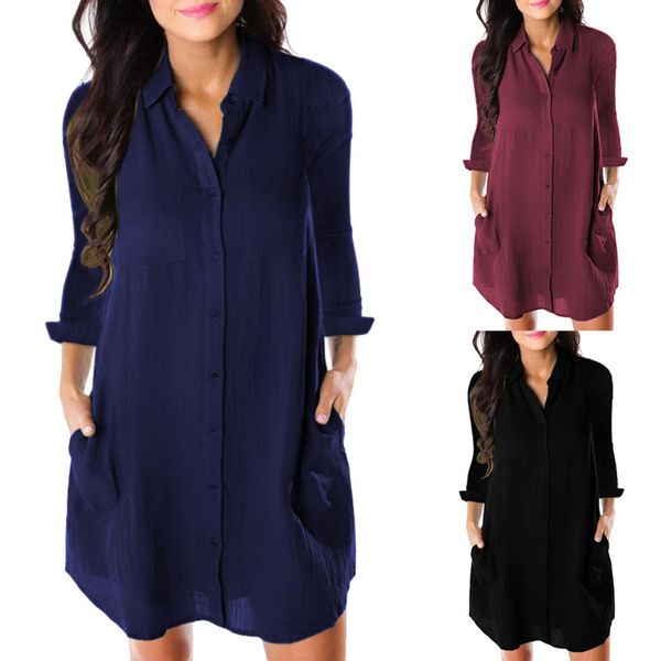 women's loose solid dress long sleeve turn down collar button pockets vestidos autumn casual ladies office shirt dresses 210422, Black;gray
women's loose solid dress long sleeve turn down collar button pockets vestidos autumn casual ladies office shirt dresses 210422, Black;gray