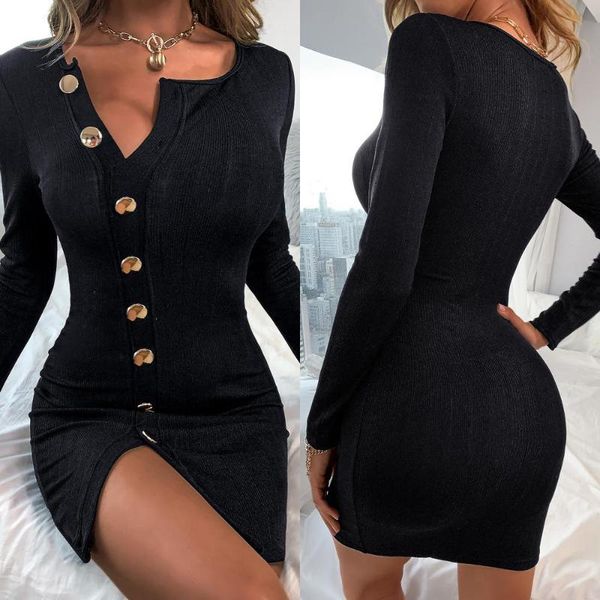 spring autumn knitted bodycon black women dress deep v long sleeve dresses woman fashion buttons split mini d30 casual, Black;gray 
spring autumn knitted bodycon black women dress deep v long sleeve dresses woman fashion buttons split mini d30 casual, Black;gray