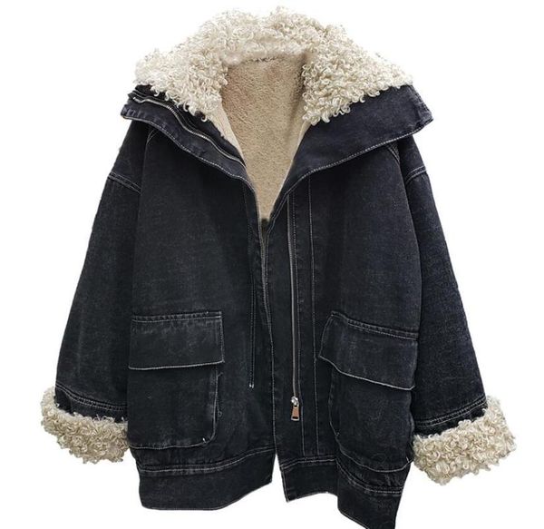 women's jackets winter large pocket lamb hair thick black denim coat woman warm jeans padded female students loose jacket overcoat e2la, Black;brown
women's jackets winter large pocket lamb hair thick black denim coat woman warm jeans padded female students loose jacket overcoat e2la, Black;brown
