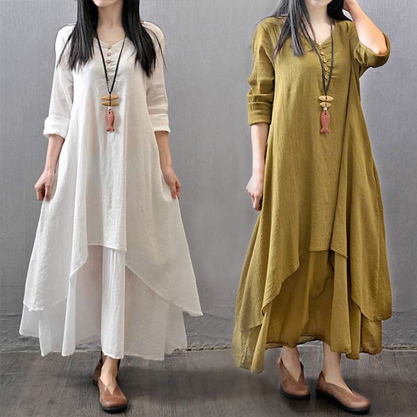 spring summer women long cotton linen dress white plus size false two pieces o-neck maxi dresses office casual loose dress, Black;gray
spring summer women long cotton linen dress white plus size false two pieces o-neck maxi dresses office casual loose dress, Black;gray