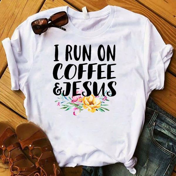 and women run on men coffee jesus print short sleeve o neck loose ladies summer causal tee, White;black 
and women run on men coffee jesus print short sleeve o neck loose ladies summer causal tee, White;black