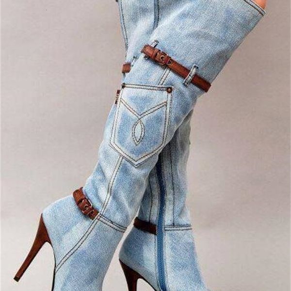 blue mode denim female jeans on the knee high-heeled pointed toe thigh leather boots buckle boot designer, Black
blue mode denim female jeans on the knee high-heeled pointed toe thigh leather boots buckle boot designer, Black