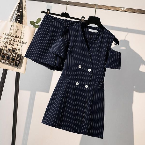 plus size women striped shorts 2 piece set short sleeve off shoulder v neck dress + high waist office suit women's tracksuits, Gray
plus size women striped shorts 2 piece set short sleeve off shoulder v neck dress + high waist office suit women's tracksuits, Gray