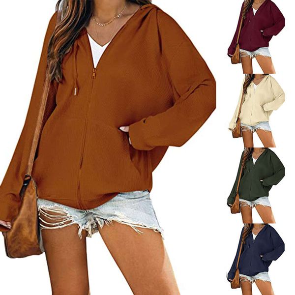 autumn winter zipper hooded casual loose long sleeve coat women, Black;brown