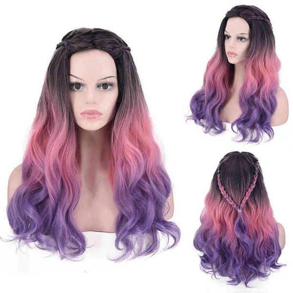 wig cosplay gradient long curly hair dyed three color braided, Black;brown 
wig cosplay gradient long curly hair dyed three color braided, Black;brown