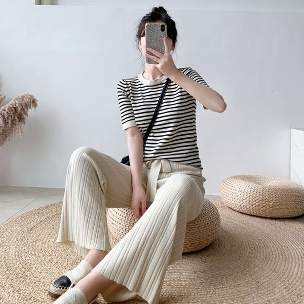 women two piece suits knitted striped and pant casual set short sleeve elastic waist trousers women's pants, White
women two piece suits knitted striped and pant casual set short sleeve elastic waist trousers women's pants, White