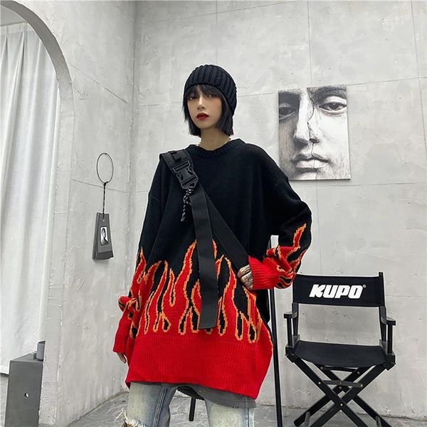 women's sweaters 2021 winter korean retro flame print pullover versatile sweater loose couple lazy, White;black
women's sweaters 2021 winter korean retro flame print pullover versatile sweater loose couple lazy, White;black