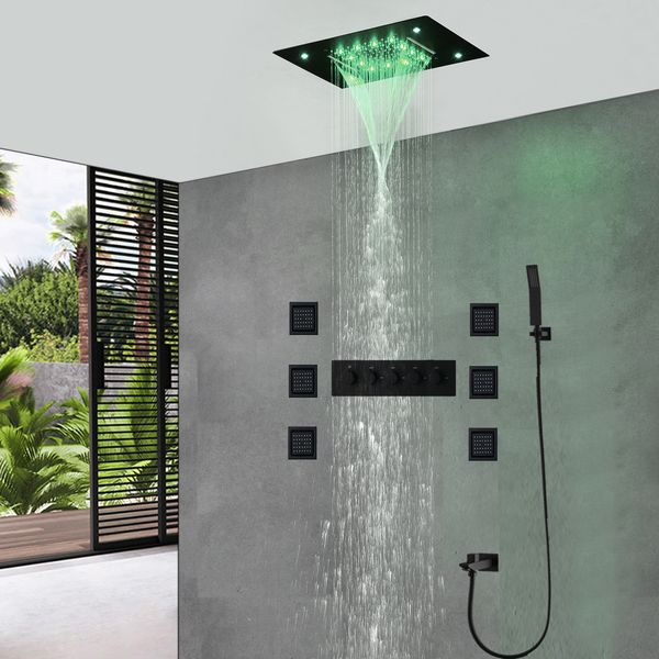 

LED Shower Set 304 Stainless Steel Ceiling Rainfall Showerhead Panel Thermostatic Mixer Bathroom Black Faucets Massage Body Jets