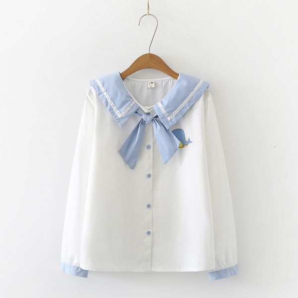 vintage sailor white shirts women blouse cute bow tie front kawaii long sleeve girls anime cosplay costume school jk uniform, White;black