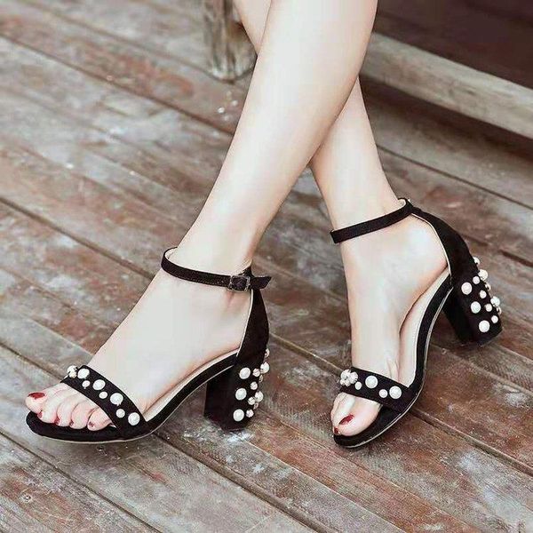 women sweet pearl rivet sandals women's shoes thick high heels ladies a word buckles apricot party pumps, Black
women sweet pearl rivet sandals women's shoes thick high heels ladies a word buckles apricot party pumps, Black