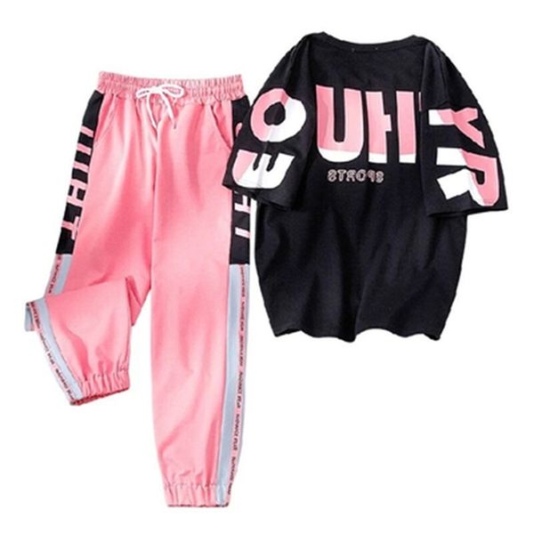 

summer sports pants loose letter printed student 2 piece set women weatpants joggers chain camo pants 210925, Black;white