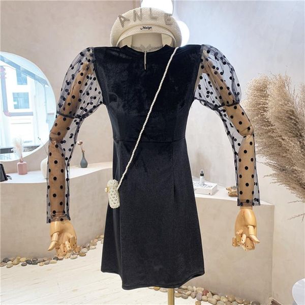 casual dresses women's clothing 2021 autumn wave dot mesh puff sleeve round neck velvet little black dress, Black;gray
casual dresses women's clothing 2021 autumn wave dot mesh puff sleeve round neck velvet little black dress, Black;gray