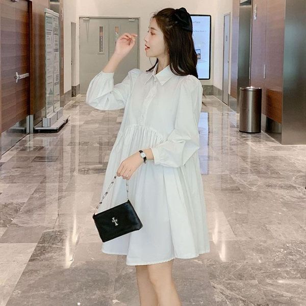 maternity dresses 852# clothes spring autumn turn down collar mid-long shirt dress, White
