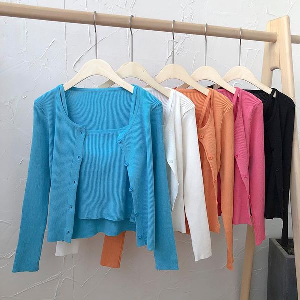 women's knits & tees korean sweet solid bottom crop camisole autumn sweaters sets wild long-sleeved knitted cardigan thin o neck knit, White
women's knits & tees korean sweet solid bottom crop camisole autumn sweaters sets wild long-sleeved knitted cardigan thin o neck knit, White