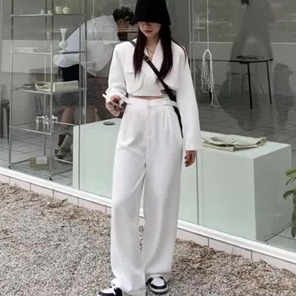 women's two piece pants 2 set womens 2021 fall season trousers outfits crop lace up short coat + waist wide suit, White
women's two piece pants 2 set womens 2021 fall season trousers outfits crop lace up short coat + waist wide suit, White