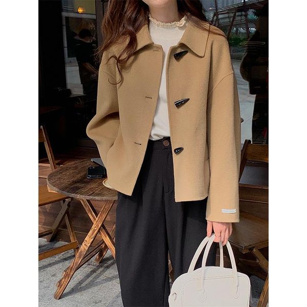 women's wool & blends short horn buckle double-faced woolen coat winter 2021 hong kong style lapel loose top, Black
women's wool & blends short horn buckle double-faced woolen coat winter 2021 hong kong style lapel loose top, Black