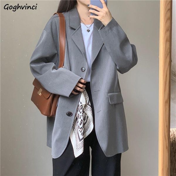 women blazers single breasted notched solid medium long loose vintage korean style simple students chic classic office ladies women's s, White;black
women blazers single breasted notched solid medium long loose vintage korean style simple students chic classic office ladies women's s, White;black