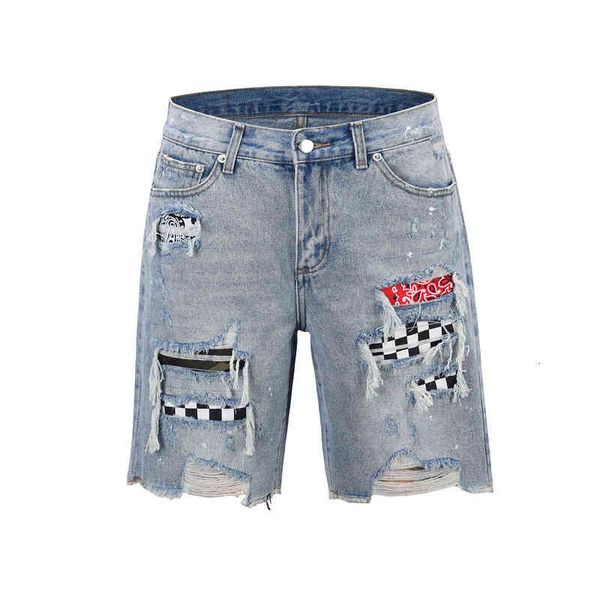 shorts men cashew blossom denim knee damage hole, White;black