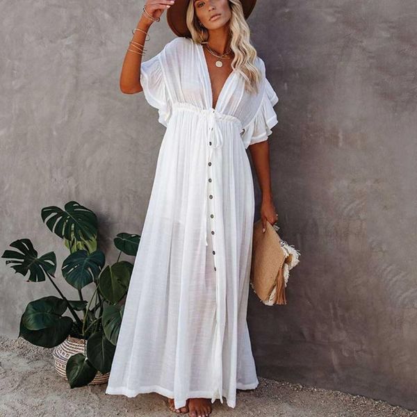 women's swimwear women long maxi blouse button dress cover up summer female beach v neck tunic pareo robe bathing suits wdc8183, White;black
women's swimwear women long maxi blouse button dress cover up summer female beach v neck tunic pareo robe bathing suits wdc8183, White;black